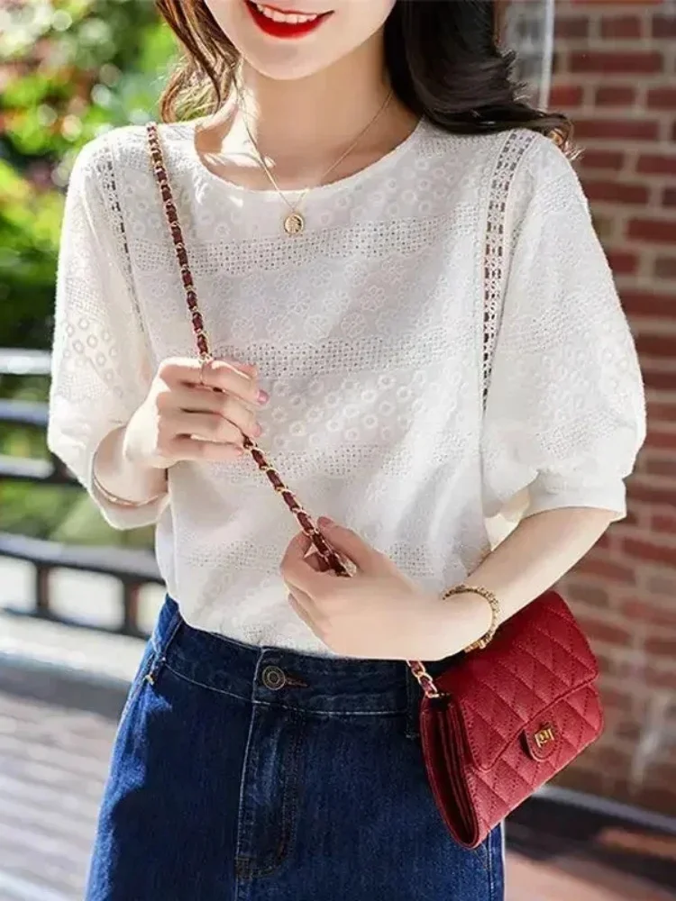 Summer Hlaf Sleeve Embroidery Women Blouses Elegant Casual Cotton White Shirts O-neck Top Fashion