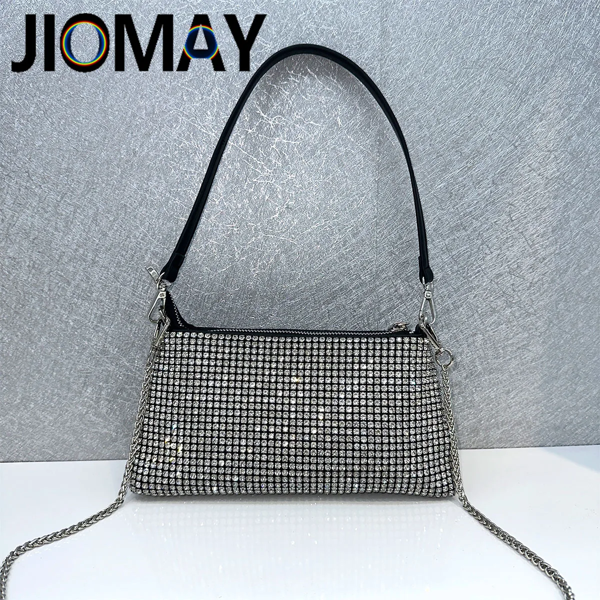 JIOMAY Handbags for Women Fashion Rhinestone Purse Handbags Luxury Designer Portable Silver Clutch Elegant Evening Shoulder Bags