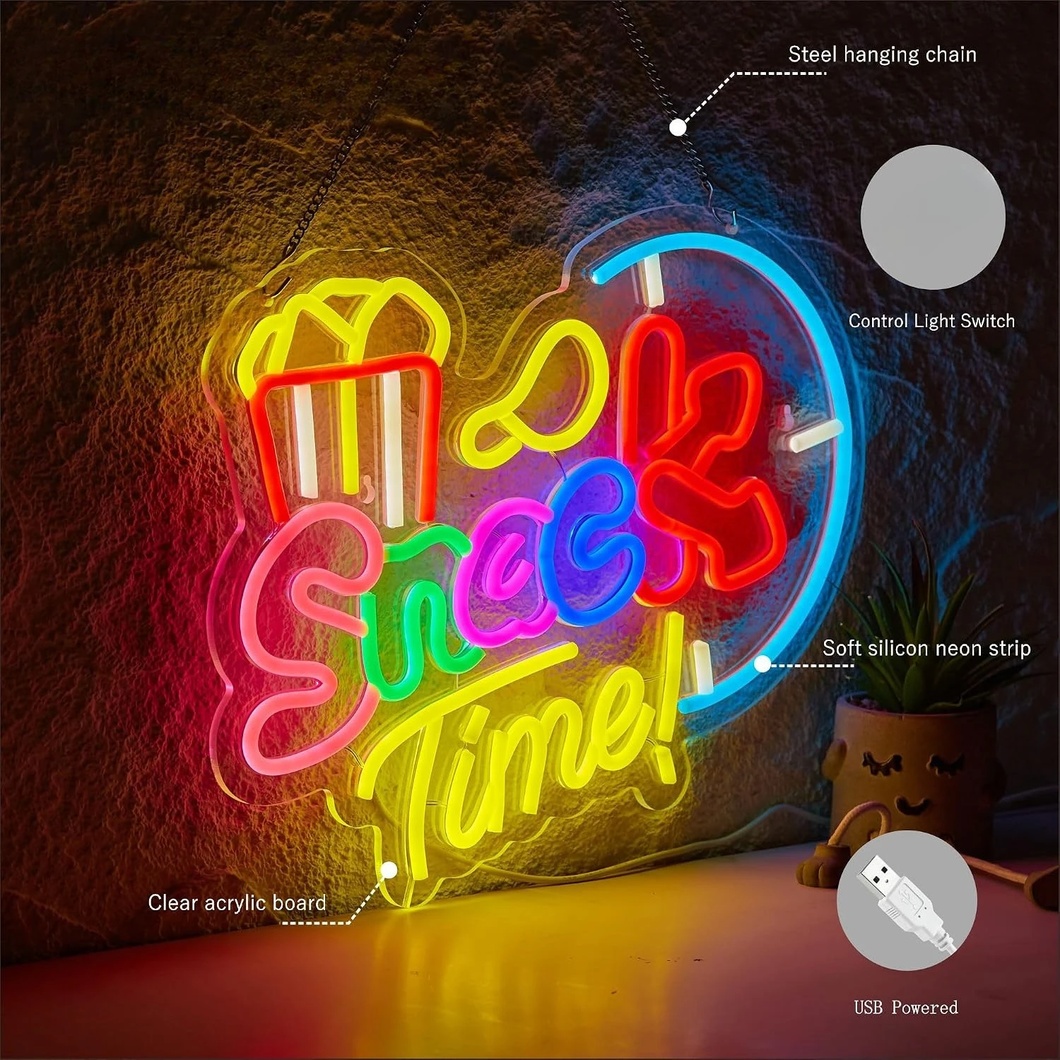 Snack Time Popcorn Clock LED Neon Sign USB Neon Light Wall Hanging Lamp for  Snack Shop Cinema Business Decor Christmas Gift