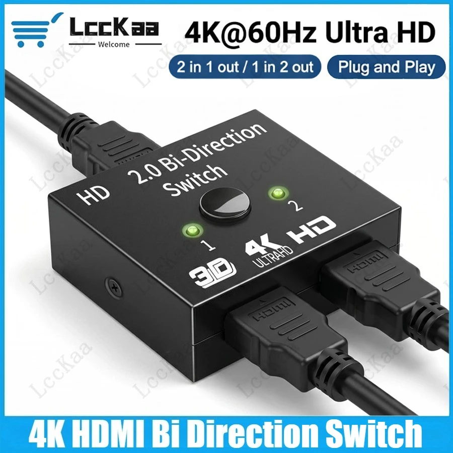 4K HDMI Bi-directional Adapter Splitter Switcher 1x2 / 2x1 HDMI-Compatible Switcher Splitter Supports Ultra HD 4K 1080P 3D HDR