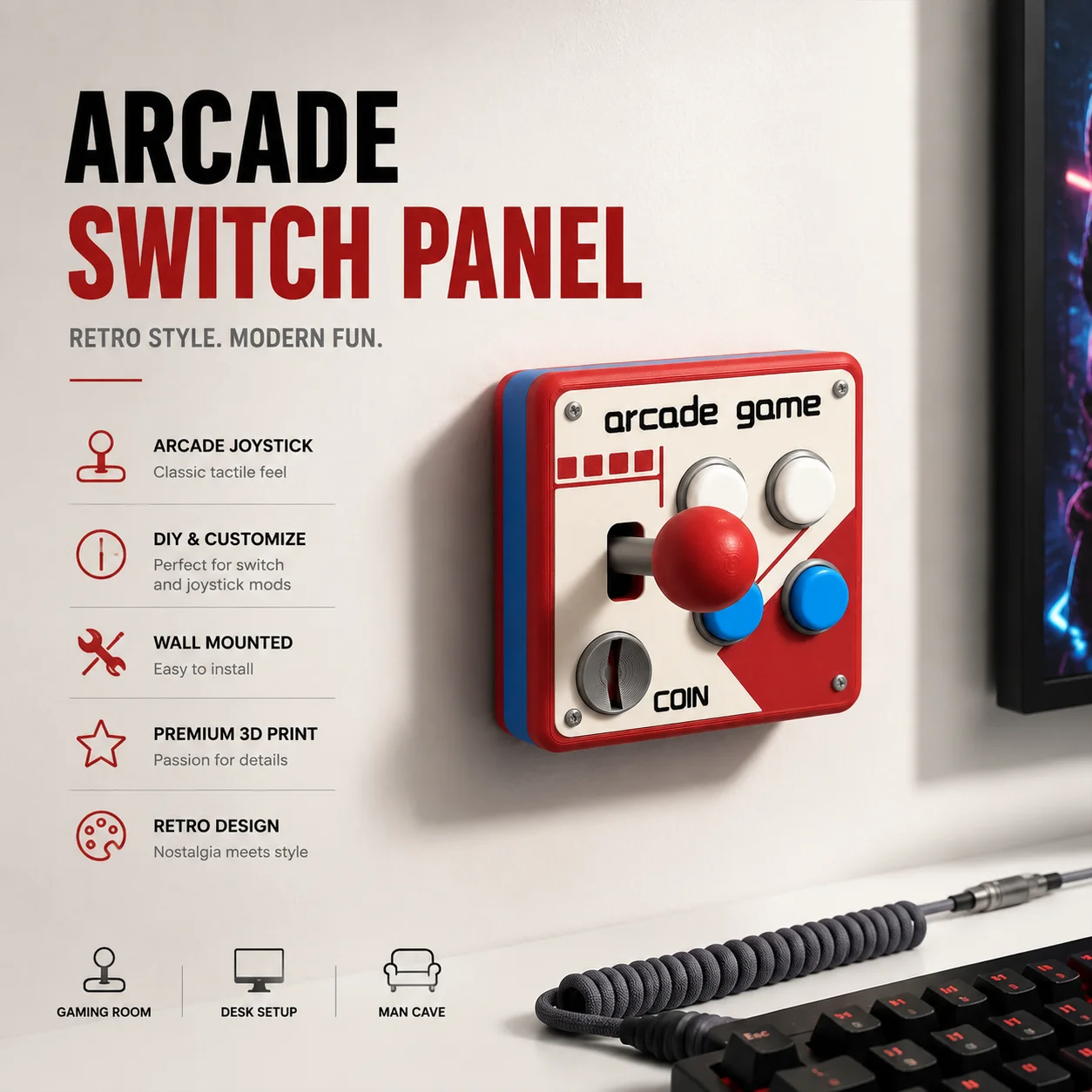 Retro Gaming Joystick - แผงสวิตช์อาร์เคดแบบเรโทรพิมพ์ 3 มิติ 86 แบบ ติดผนัง