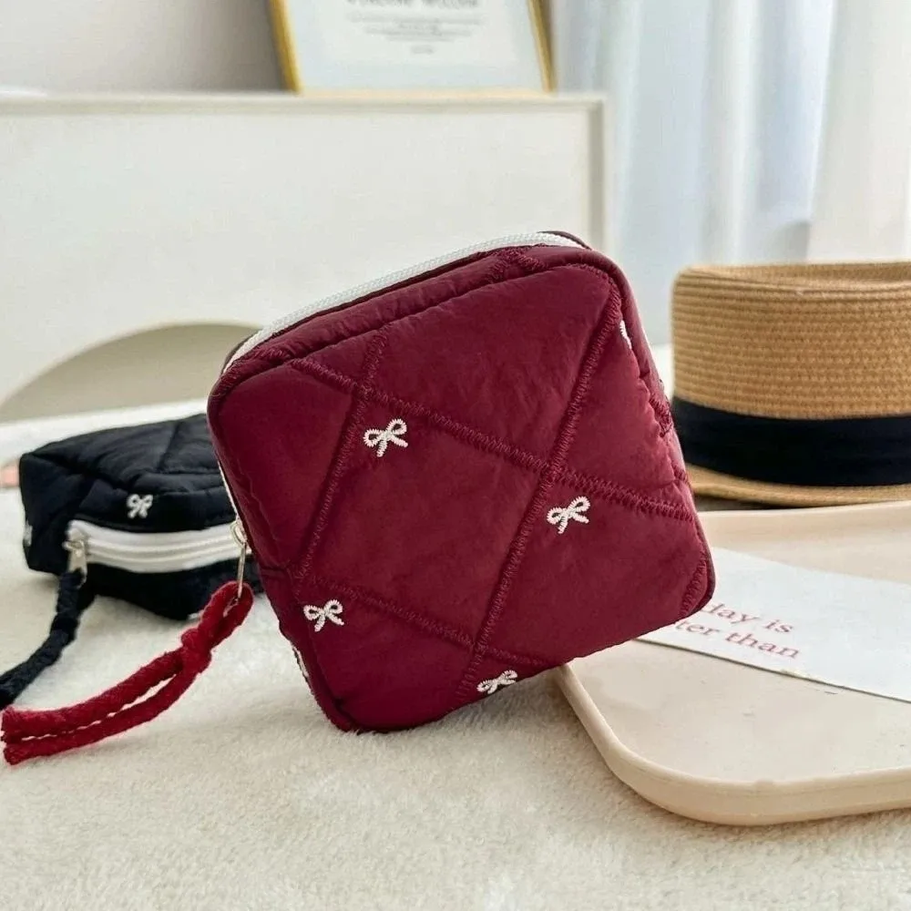 Quilted Bow Cosmetic Bag Portable Multi-functional Toiletry Bag Large Capacity Polyester Sanitary Napkin Storage Bag Daily Use