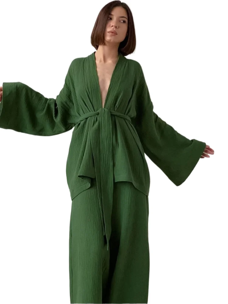 

Autumn Women Set Fashion Two Piece Set Casual Solid Color Long Sleeves Top And Loose Wide Legs Trousers Set Home Clothing