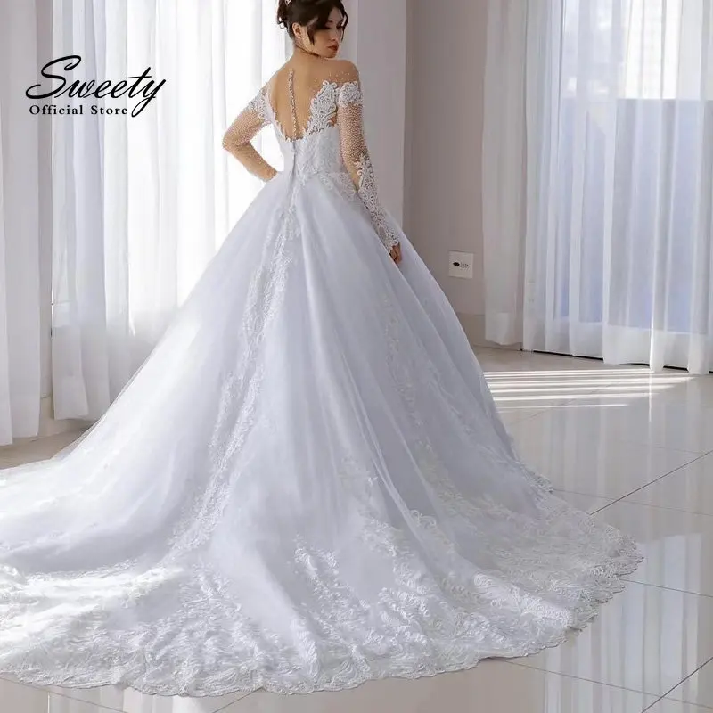 Luxury Wedding Gowns Chiffon With Beading  Embroidery Ball Gown Train O-neck Full Sleeve Wedding Dresses Church Wedding Button