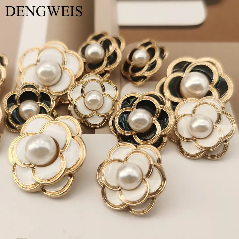 5pcs 18/25mm Fashion Flower Pearl Gold Metal Button for Clothing Women Coat Sweater Decorative DIY Sewing Accessories Wholesale