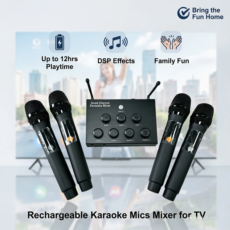 4-Channel Karaoke Mixer Wireless Microphone Mixer UHF Rechargeable Mic for Smart TV Soundbar
