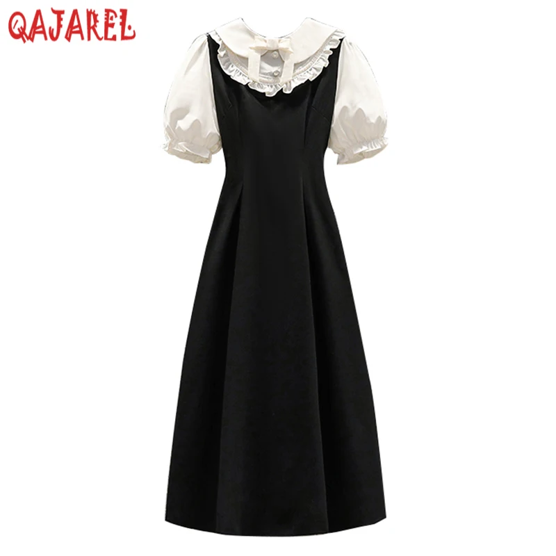 

2024 Black Cotton Patchwork Puff Sleeve Midi Dress Women Korean Vintage Hepbrn Dress Summer Elegant Doll Collar Ruffled Dresses