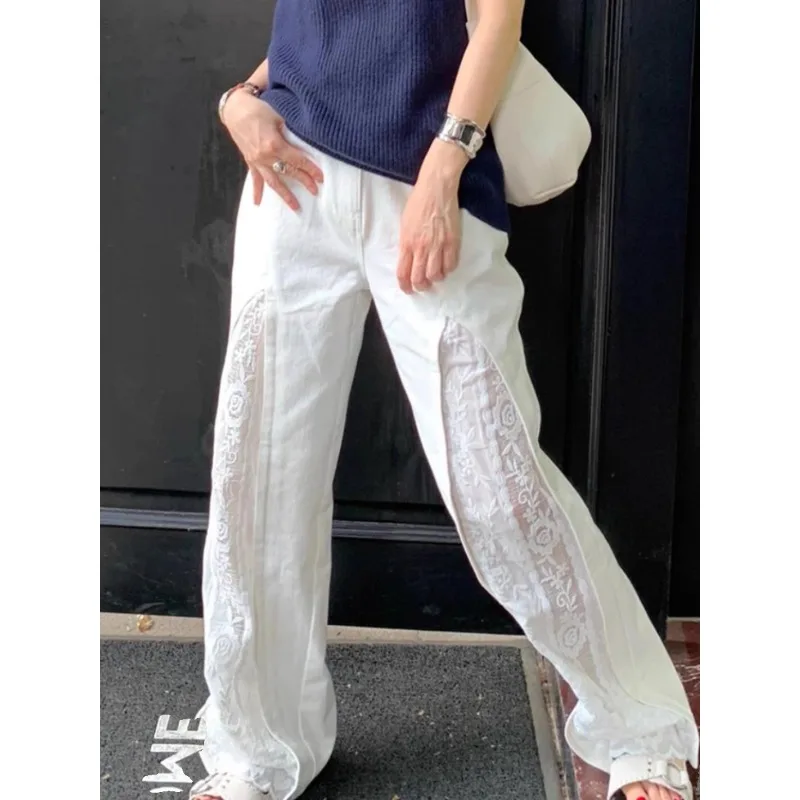 

Korean Hollow Lace Splicing Casual Wide Leg Pants Women 2024 Summer New High Waist Solid Color All Match Draped Pants