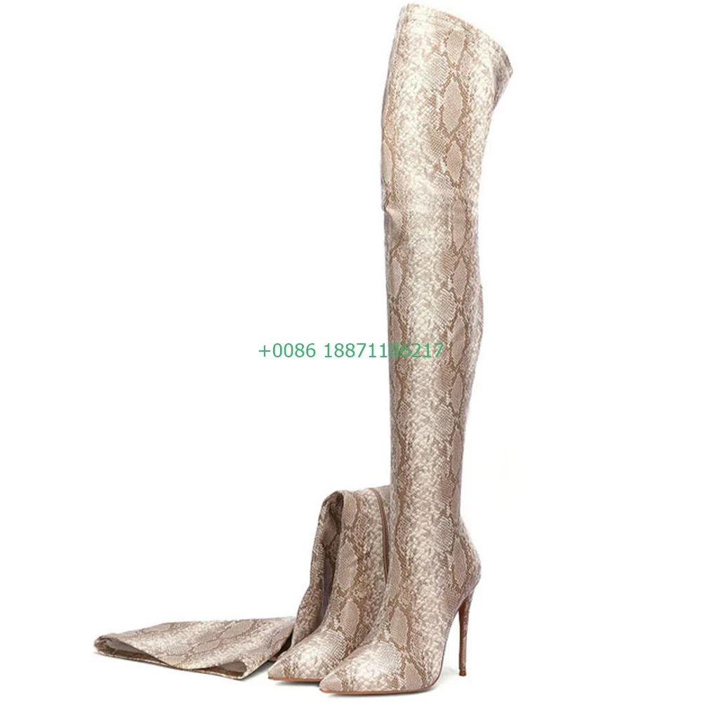 

Sexy Snake Print Over Knee Boots 2024 Autumn New Pointed Ladies Model Catwalk Stiletto Boots Fashion Party Casual Long Boots