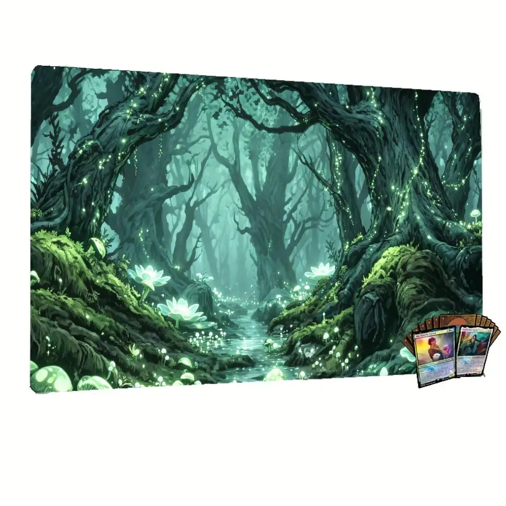Glowing Green Mossy Forest Landscape Extended Playmat, Mystic Ancient Woodland Print Stitched Edge Card Game Desk Mat