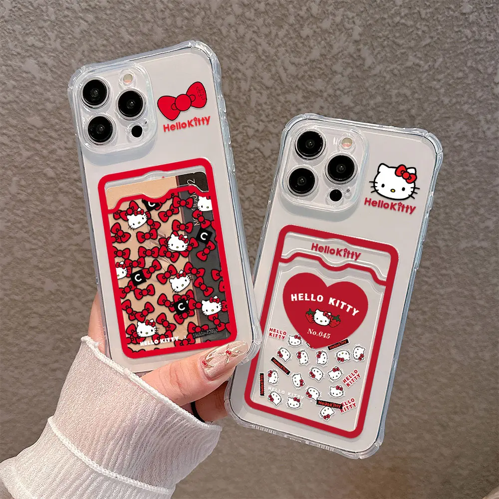 Cartoon Hello Kitty Hot New Red Card Hold Case For iPhone 15 14 13 12 11 Mini Pro Max X XR XSMax 7 8 Plus Anti-fall Clear Cover