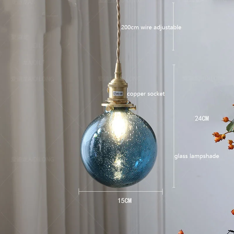 IWHD Bule Green Glass Ball LED Pendant Lights Fixtures Home Indoor Bedroom Dinning Room Porch Nordic Modern Copper Hanglamp