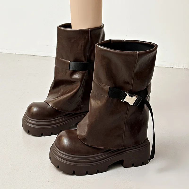 

Women's Boots Flats Platform Designer Mid Calf Shoes 2025 Winter Fad Goth Motorcycle Boots New Trend Walking Cozy Mujer Botas