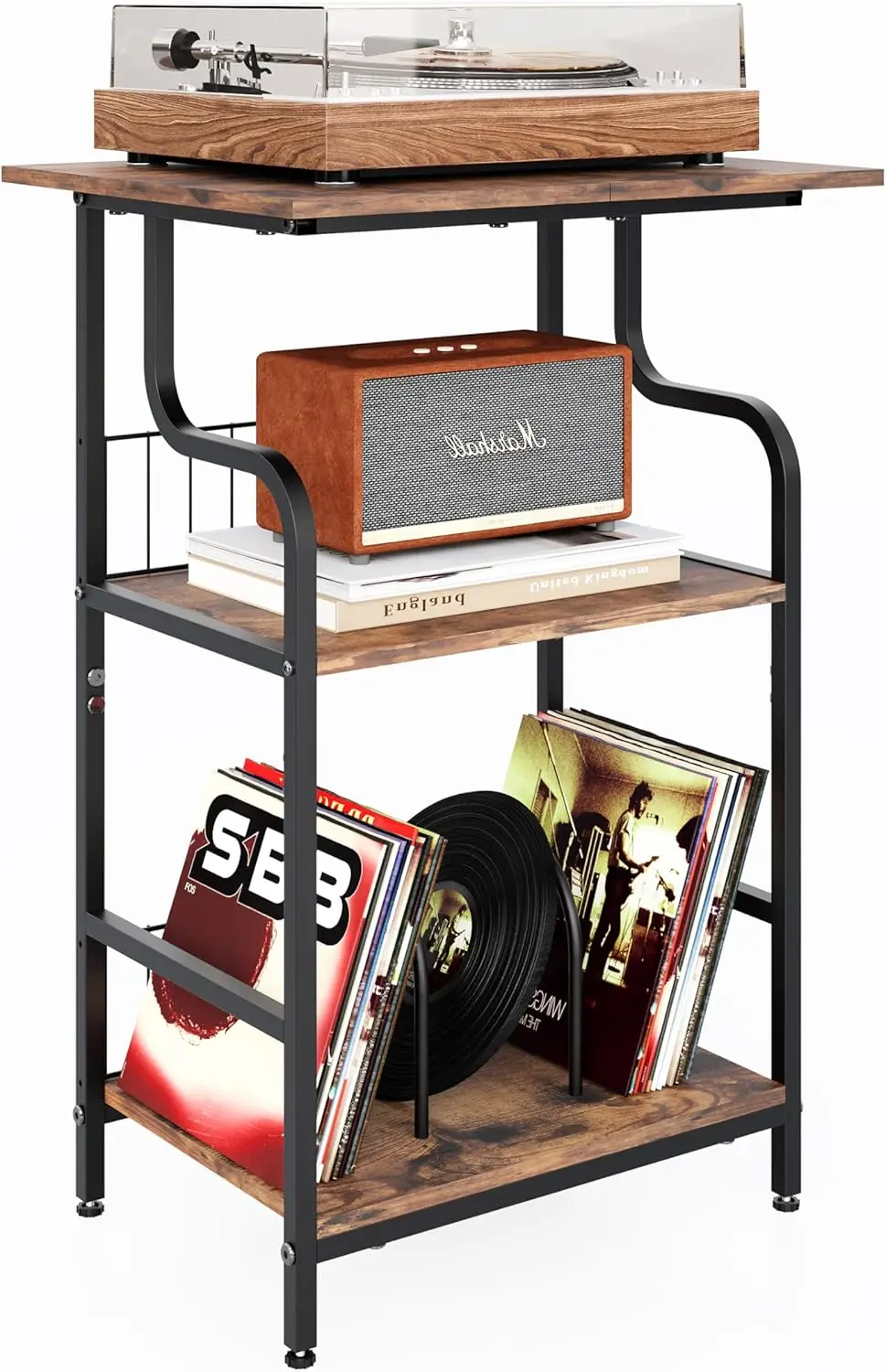 

3-Tier Rustic Brown Record Player Stand with Extra-Large Desktop, Vinyl Storage for Living Room