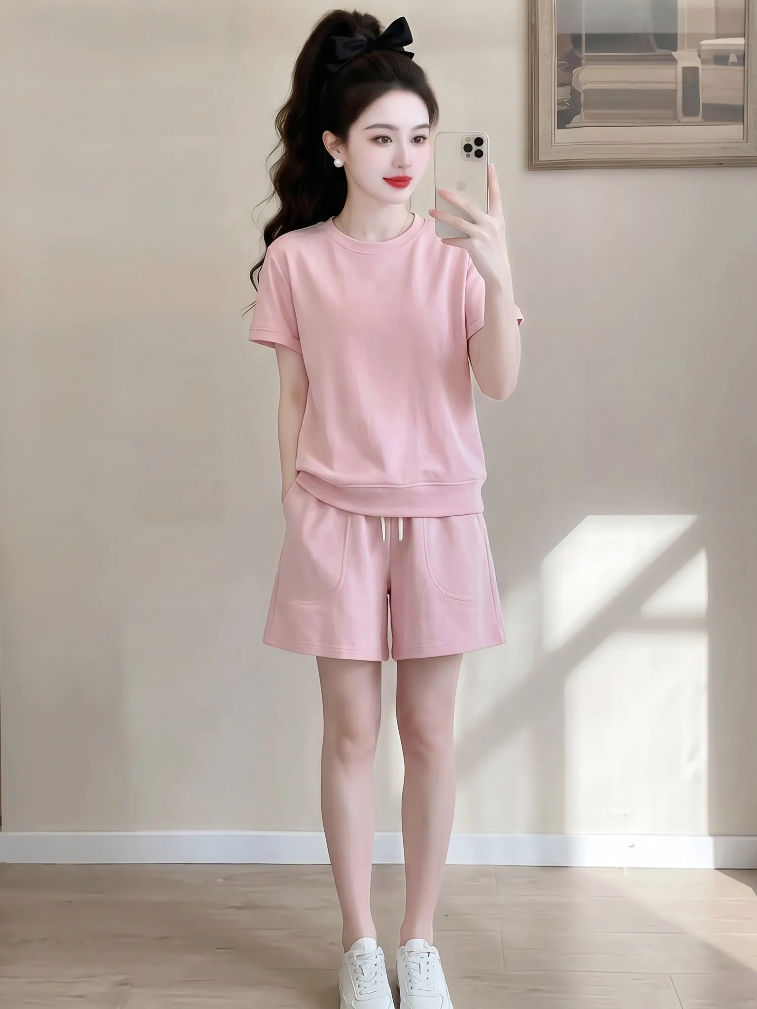 

Slimming Sporty Casual Loose Short Sleeve round Neck T-Shirt Shorts Set Summer New Women's Fashion Set Breathable Lightweight