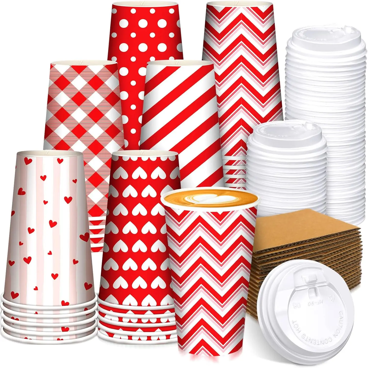

180pcs/60 Set Valentine‘s Day Coffee Paper Cups with Lids and Sleeves 16 oz Disposable Hot Cocoa Cups Valentines Pink P