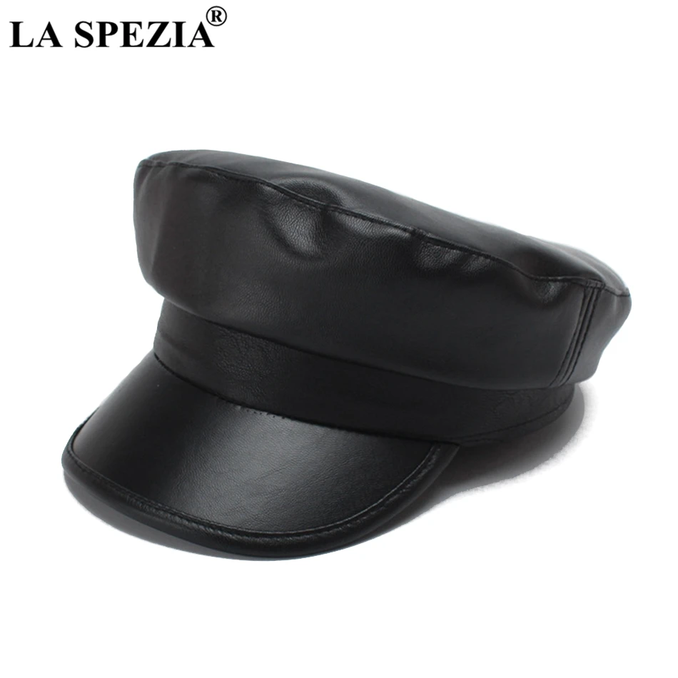 LA SPEZIA 2024 Military Cap Women Leather Army Cap Black Casual Captains Hat Duckbill Ivy Ladies Solid Autumn Winter Sailor Hats