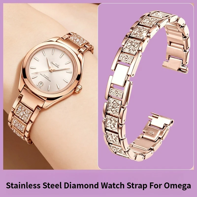 Women Strap Steel Inlaid Diamond Watch Band Replacement Bracelet for Original Omega Seamaster AT150M 30mm Dial 220.50.30 Ladies