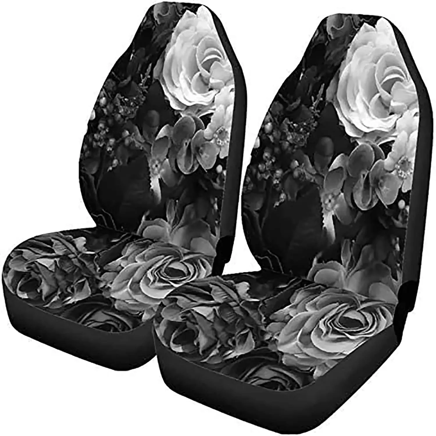 Semtomn Set of 2 Black Car Seat Covers for Women, Gray Bouquet Rose Color Floral Vintage Universal Auto Front Seats Protector Fi