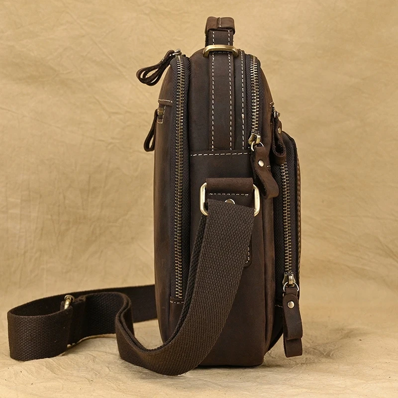 Luufan bolso de hombro de cuero genuino para hombre, bandolera de piel de Caballo Loco Vintage, bolsillo con doble cremallera y solapa, bolso de