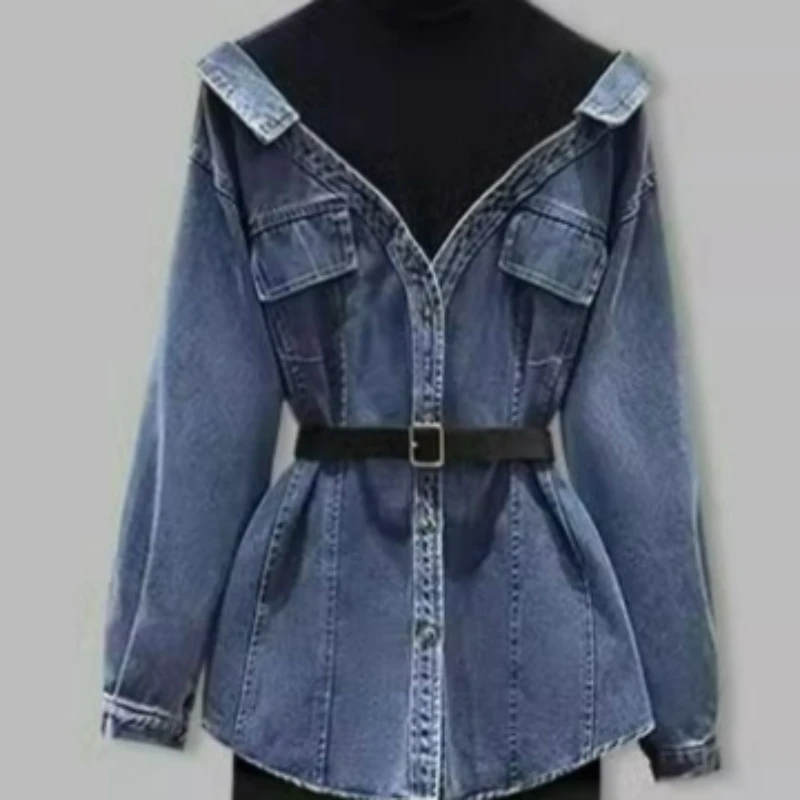 قميص دينم عصري مكون من قطعتين لربيع وخريف 2026 قميص دينم تنحيف الخصر للفتيات السمينات