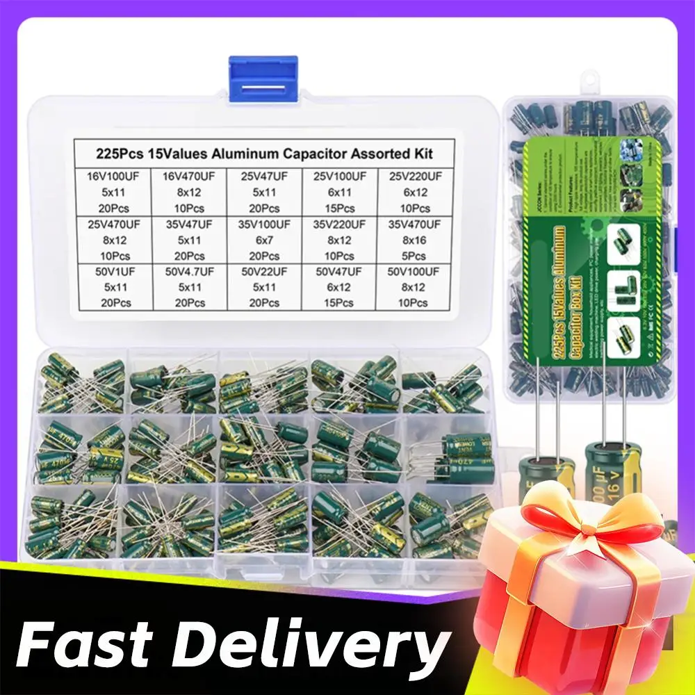 

Набор электролитических конденсаторов 225/450 шт., 15 номиналов, высокочастотные, с низким ESR, алюминиевые, в коробке