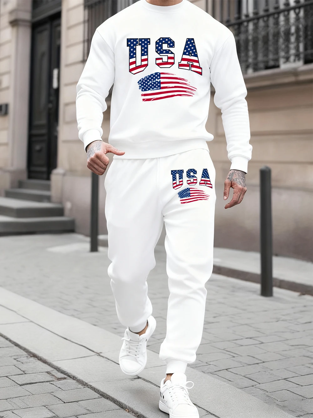 

Мужской комплект толстовок с капюшоном из 2 предметов, спортивные штаны с принтом флага США, Америки, повседневная свободная толстовка с круглым вырезом, спортивные штаны, зимняя флисовая теплая одежда