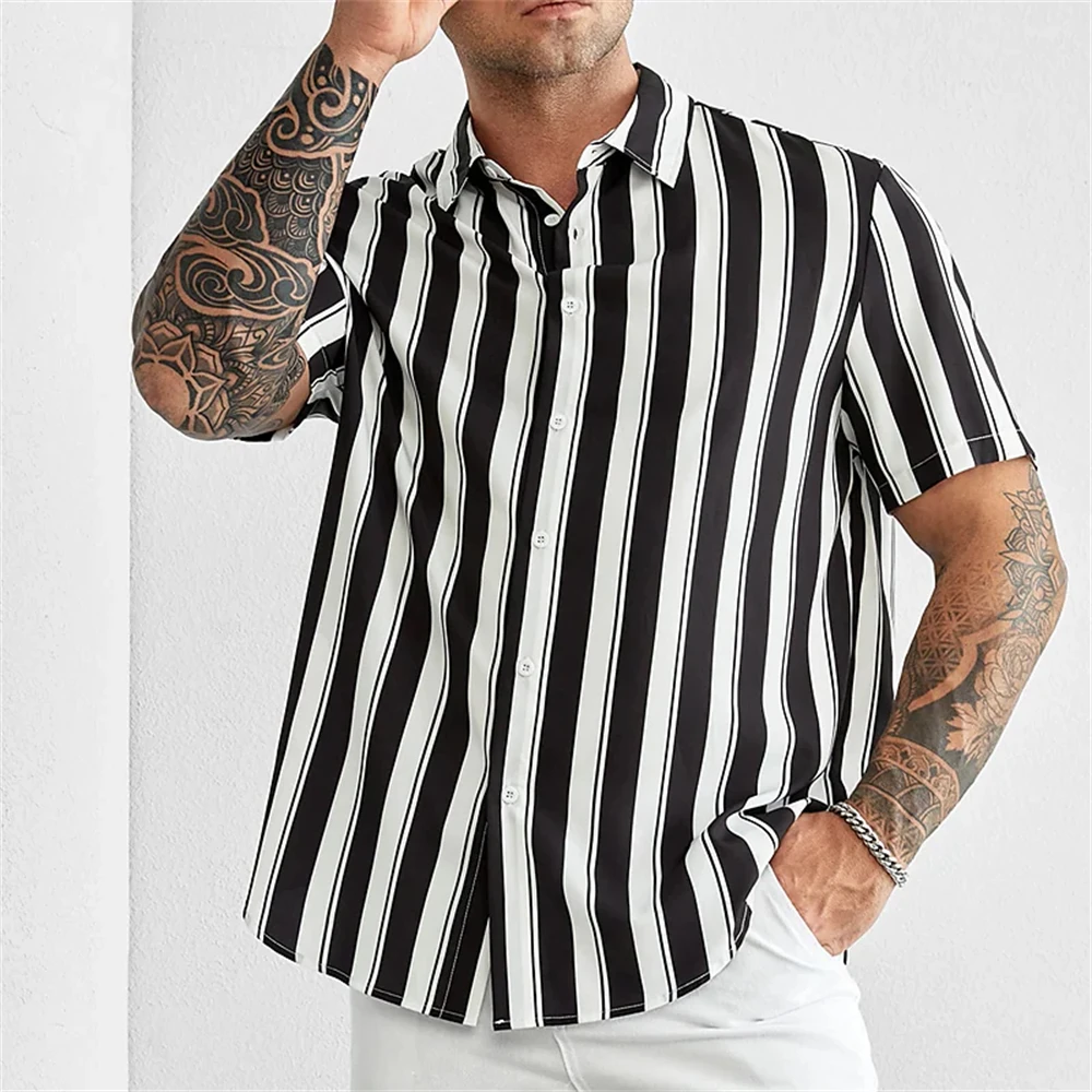 Camisas a rayas con botones para hombre, blusa básica Hawaiana de manga corta con solapa, ropa de calle clásica, moda de verano