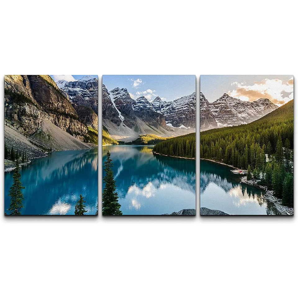 Triptych Diamond Painting Landscape View of Moraine Lake and Mountain Range al tramonto in montagne rocciose canadesi 5d Home Decor