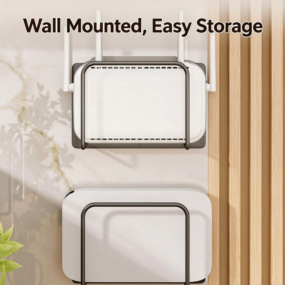 Wall Mounted Router Storage Rack Punch Free Carbon Steel Modem Holder Space Saving Wall Shelf for Home Office Device Organizer view 3
