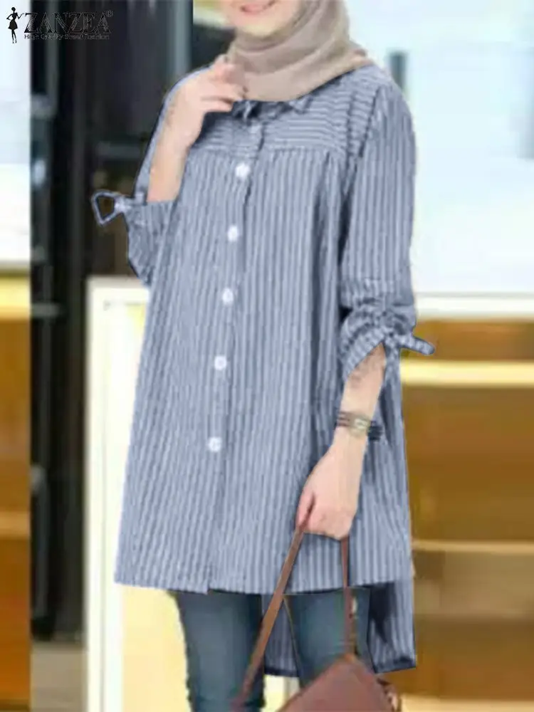 2023 ZANZEA Fashion Women Vintage Striped Blouse Casual Loose Muslim Tops Islamic Clothing Autumn Lapel Neck Long Sleeve Shirt