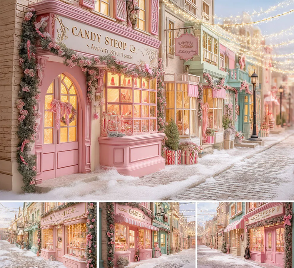 Mehofond Fotografie-Hintergrund, Winter, Weihnachten, rosa, Süßigkeitenladen, Straße, Weihnachten, Kinder, Familienporträt, Dekor, Hintergrund, Fotostudio