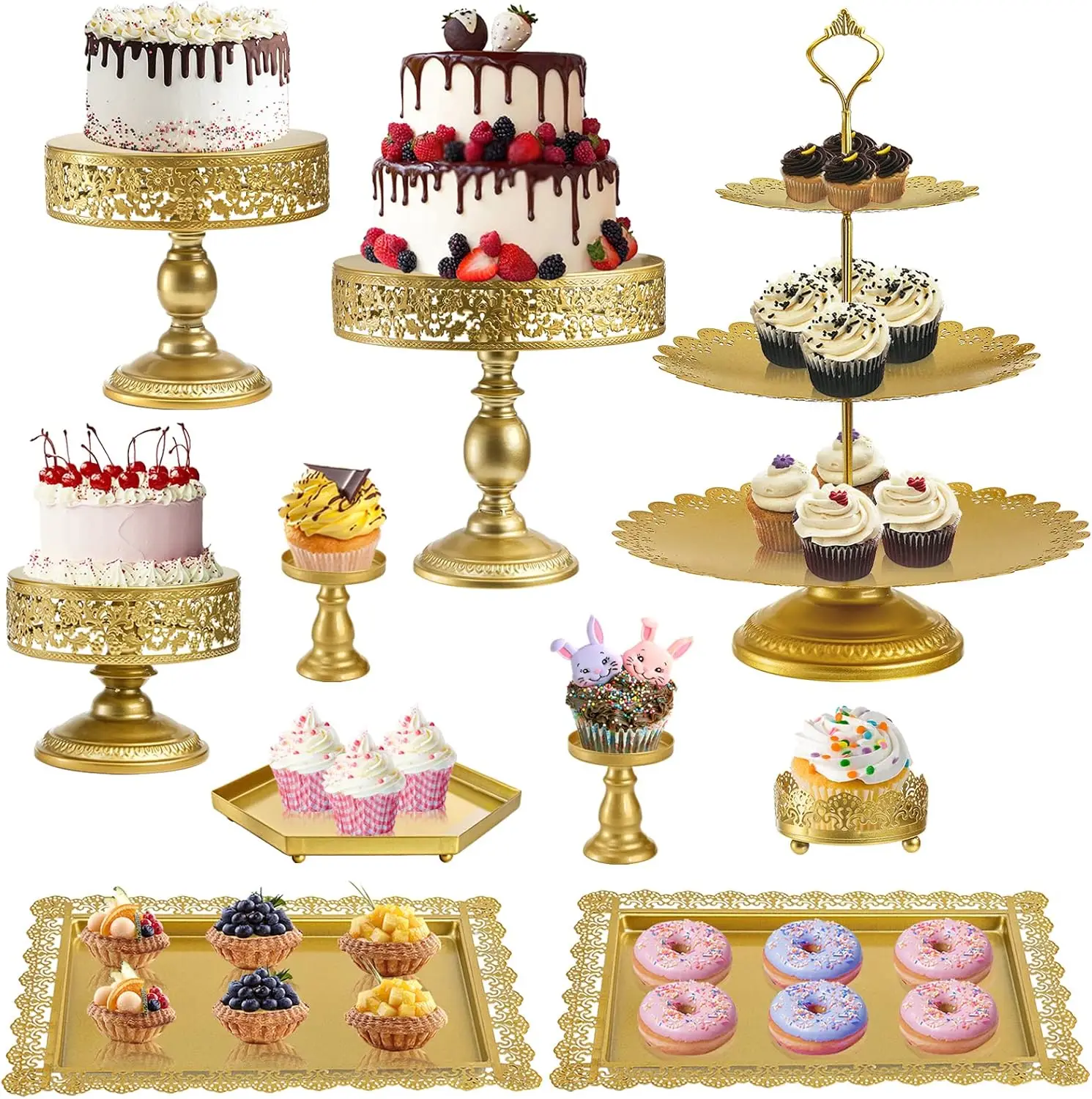 

10-Piece Gold Metal Cake Stand Set for Weddings, Birthdays, and Parties - Includes Cupcake Holders and Serving Trays
