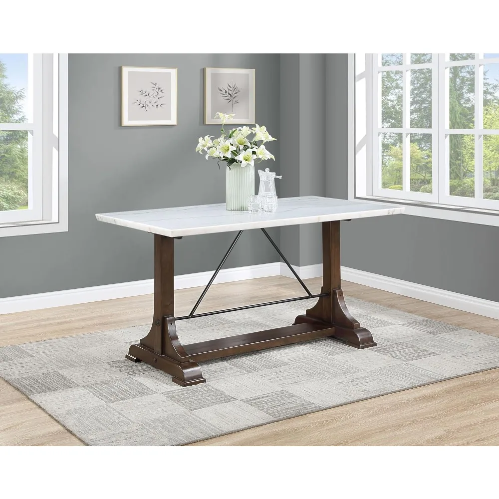 Counter Height Trestle Base Dining Table with Genuine White Marble Top Dark Brown