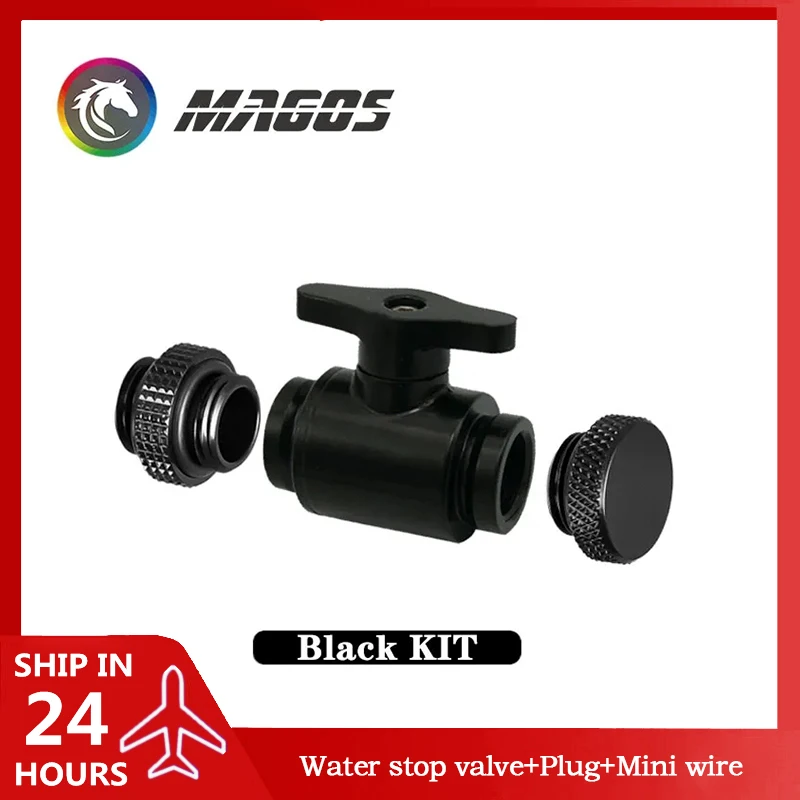 Mini Release Water Valve Kit + Stop Plug + M-M Fitting Inner Thread G1/4'' X2 For Hard Tube PC Water Cooling, Black/Silver