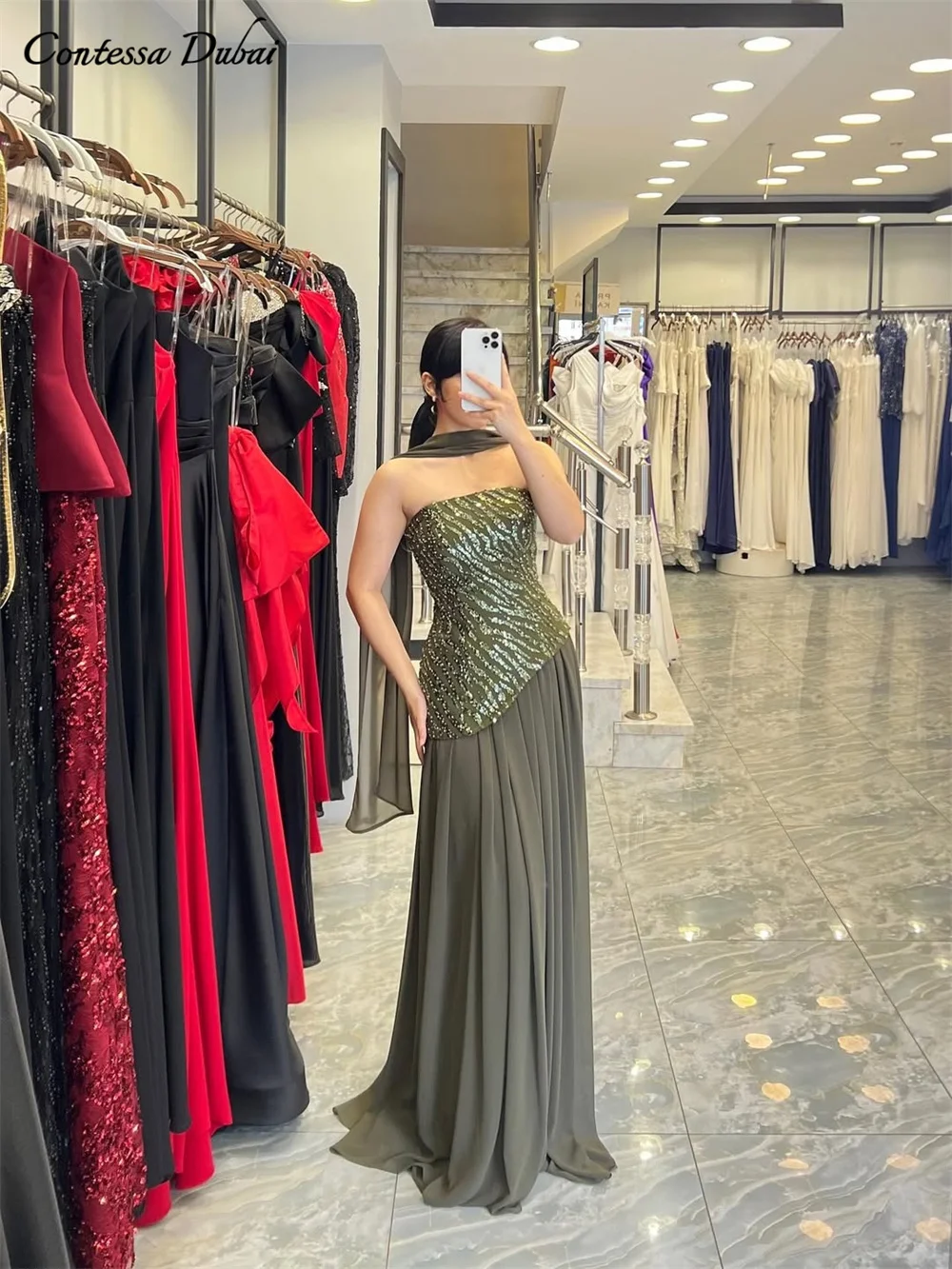 

Contessa Dubai Custom Elegant Column Prom Dress With Shiny Sequin Corset Vestidos de noche Chiffon Skirt women evening dress