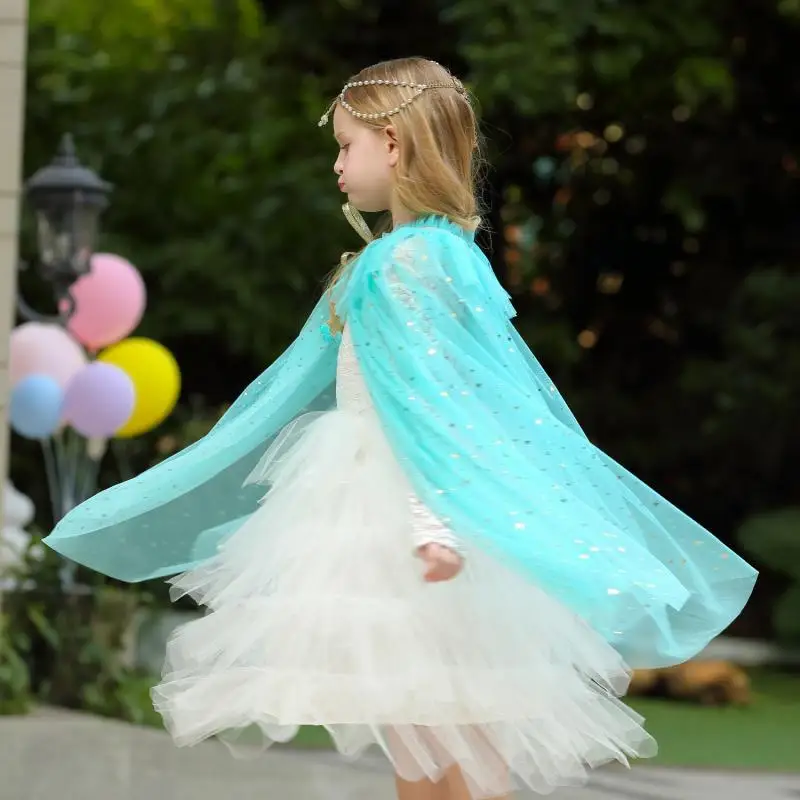 Girl\'s New Sequin Star Rainbow Color Blocked Halloween Christmas Fashion Princess Shawl with Long Mesh Cape On Top