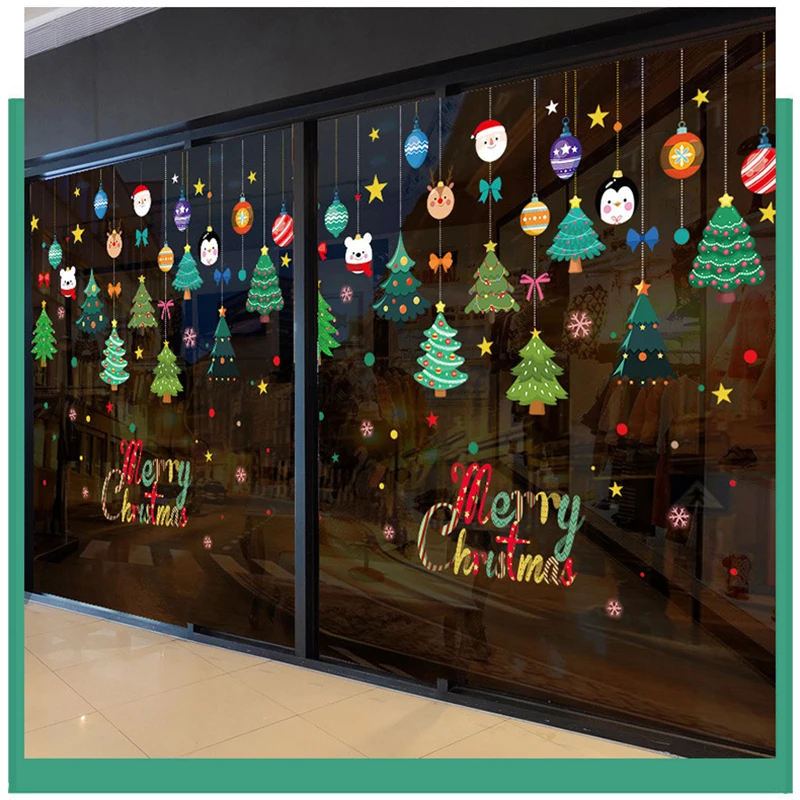 Christmas Window Static Stickers Cartoon Santa Claus Snowman Elk Xmas Bell Glass Wall Stickers Merry Christmas Happy New Year