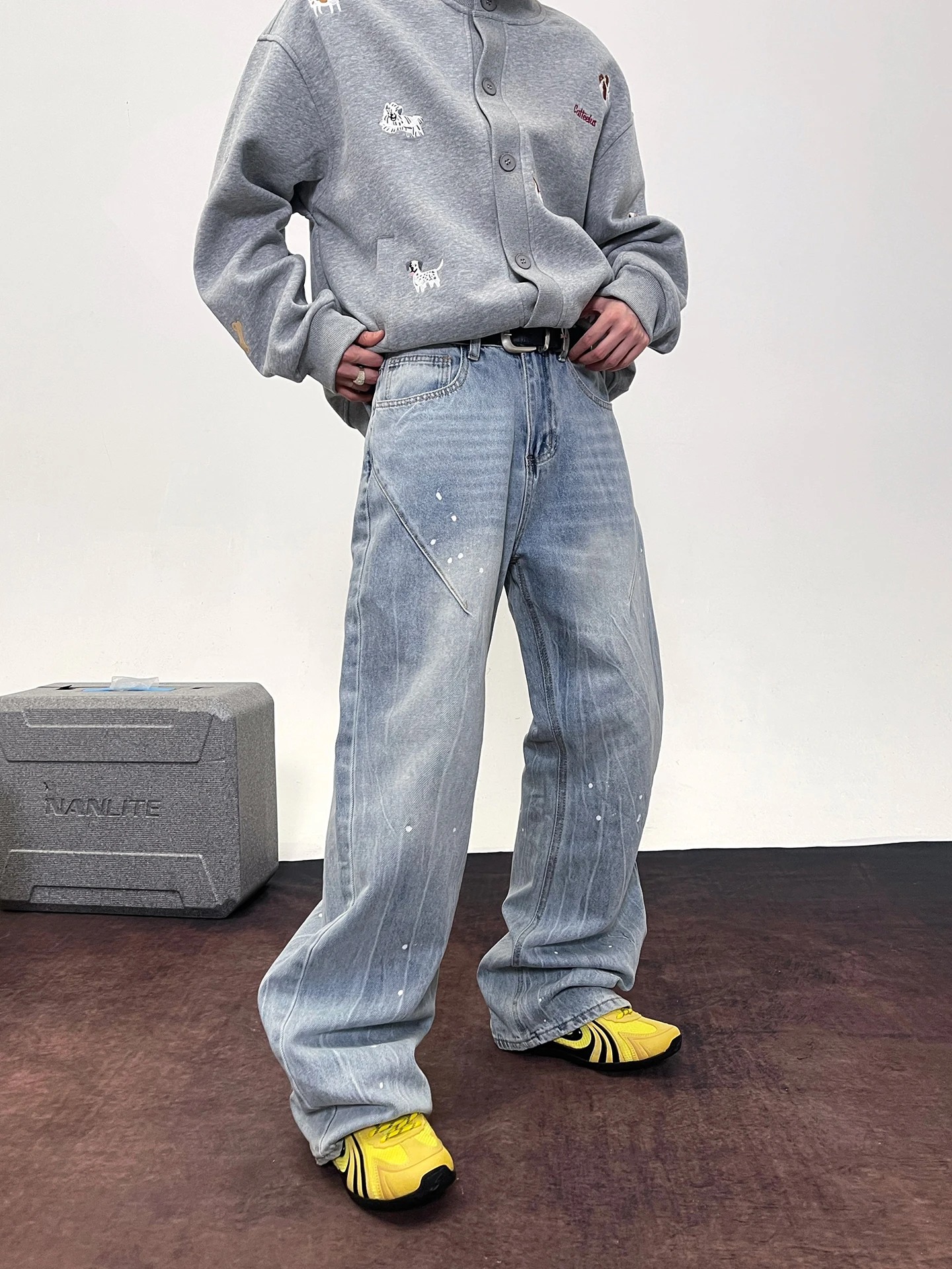 

Мужские джинсы с американской талией в стиле ретро, широкие брюки, свободный прямой крой, повседневная одежда, прочная смесь хлопка и полиэстера