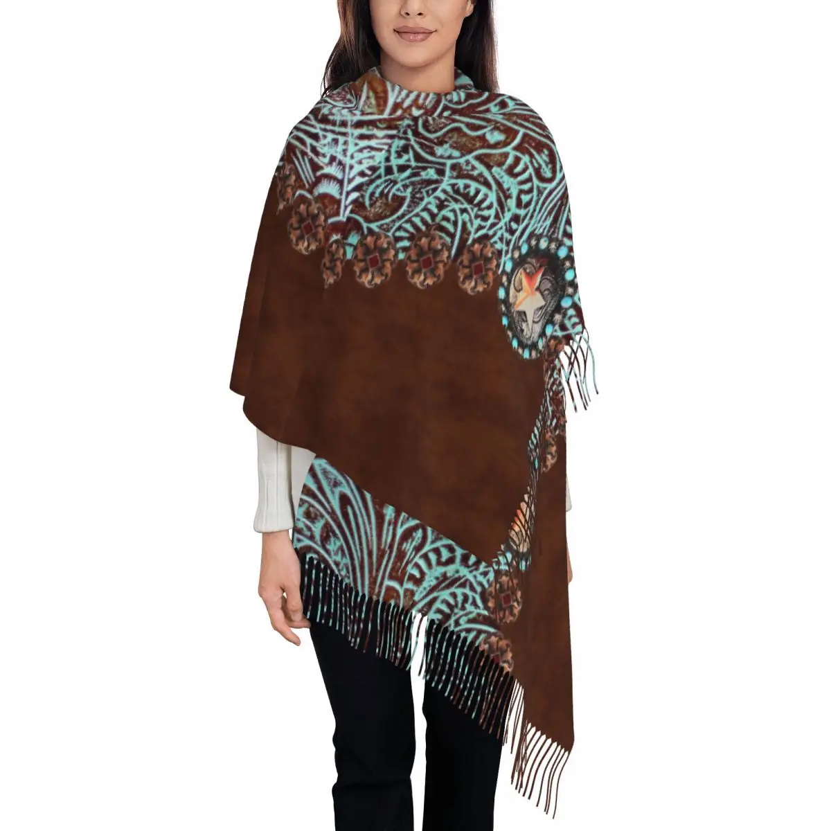 Primitive Cowboy Brown Turquoise Leather Scarf for Womens Warm Winter Cashmere Shawls and Wrap Leopard Texture Long Shawl Scarf