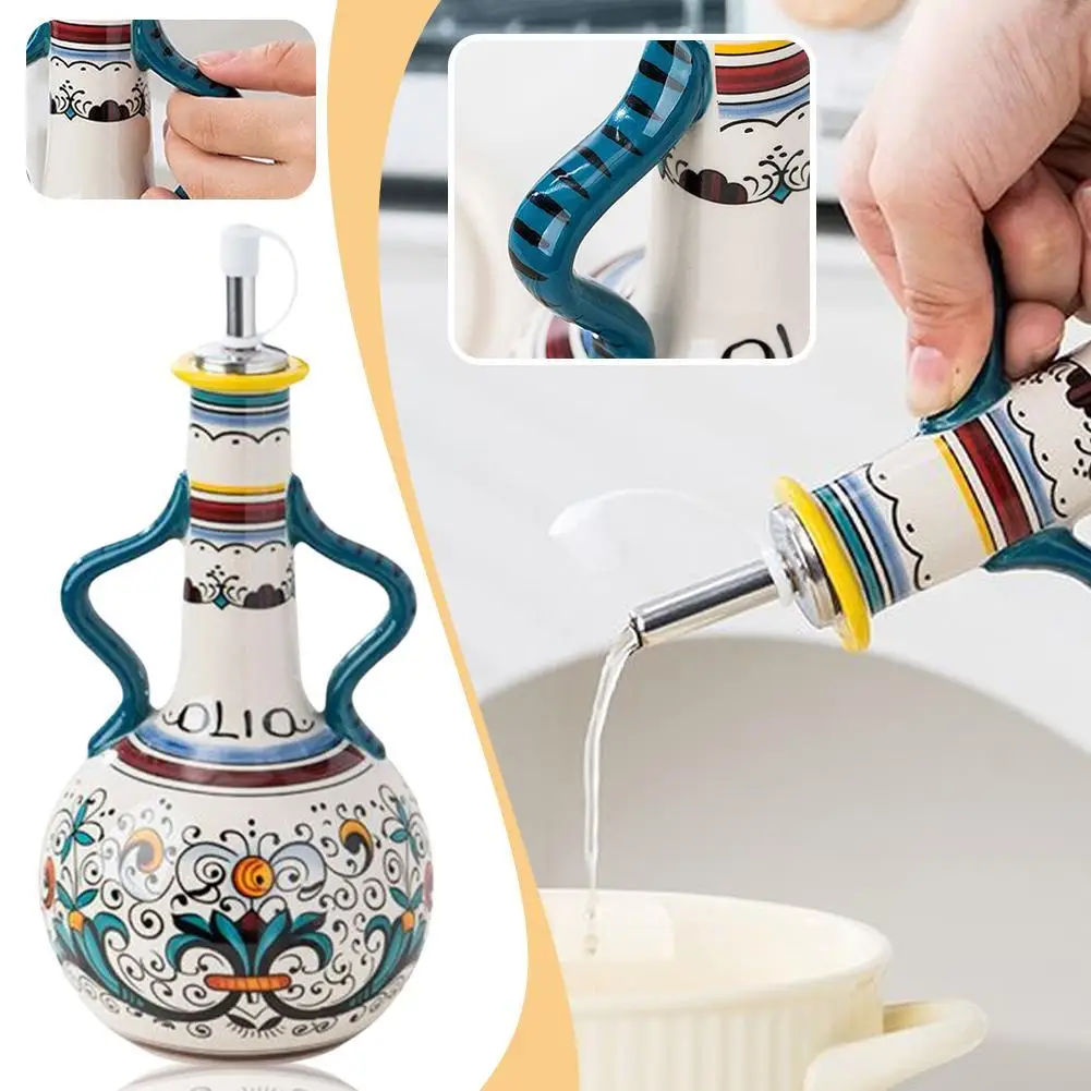 Bottiglia di olio d'oliva in ceramica a doppio orecchio Salsa di soia Aceto Bottiglia di drenaggio per condimenti da cucina multifunzionale Accessori da cucina