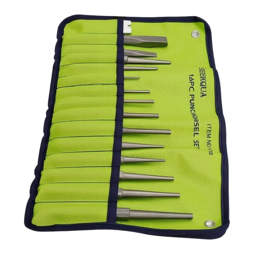16Pcs Punch & Chisel Set Punching Center Round Flat Point Chisel Portable Canvas Tool Roll For Cement Wall Chiseling Punch