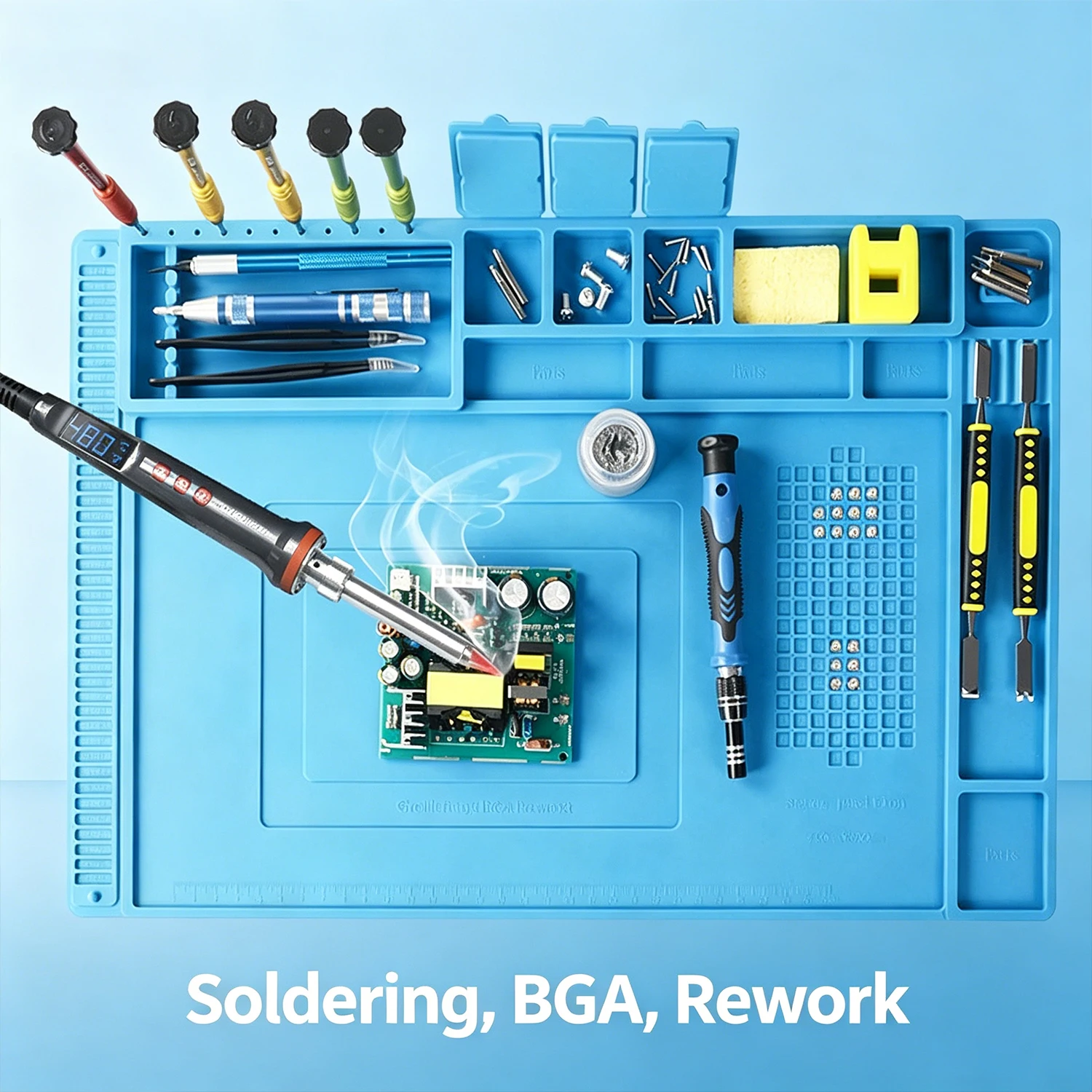Blue Silicone Soldering Mat Large Heat Resistant Up to 932°F Soldering Iron Pad Magnetic Repair Station for Electronics DIY