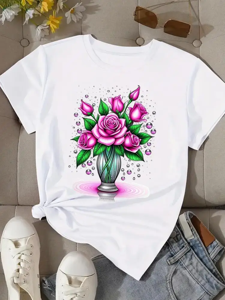 Camisetas gráficas t roupas de moda imprimir popular casual doce vintage borboleta flor feminina o-pescoço manga curta camisetas