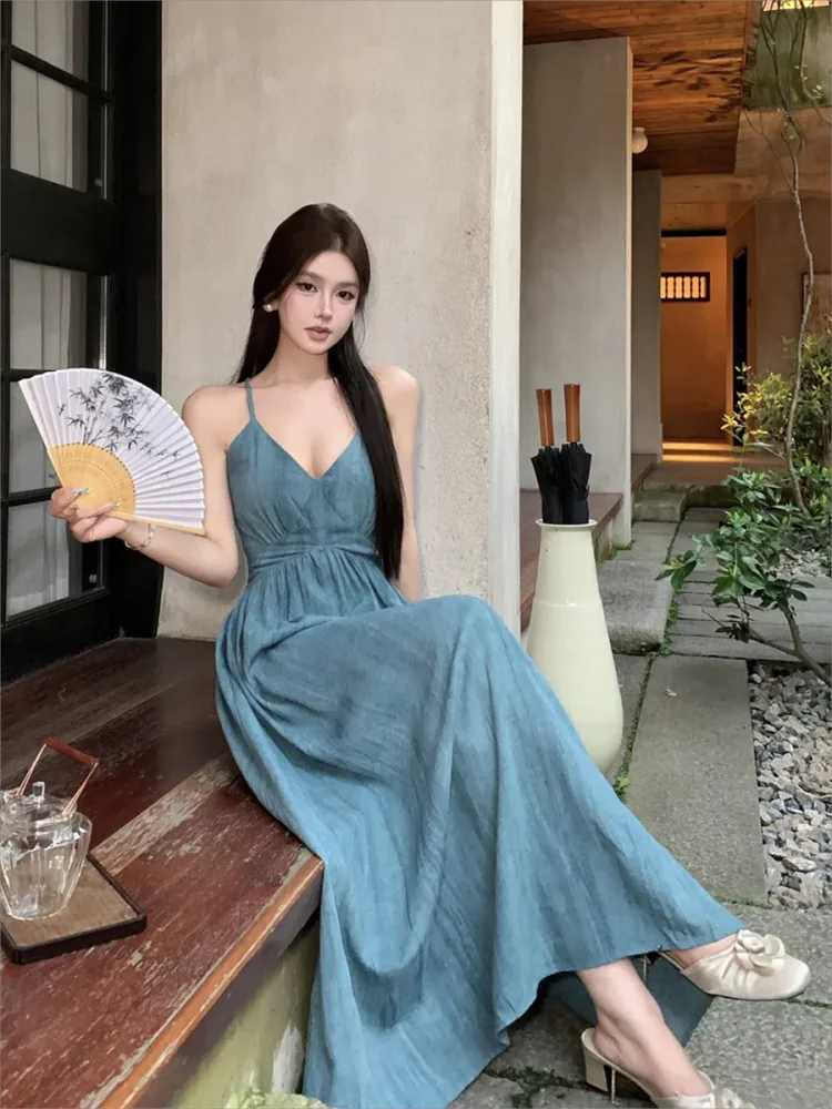 Women Sexy Beach Long Dress Summer Slim A-line Boho Style Maxi Dress Sexy V-Neck Backless Party Long Robe Vestidos