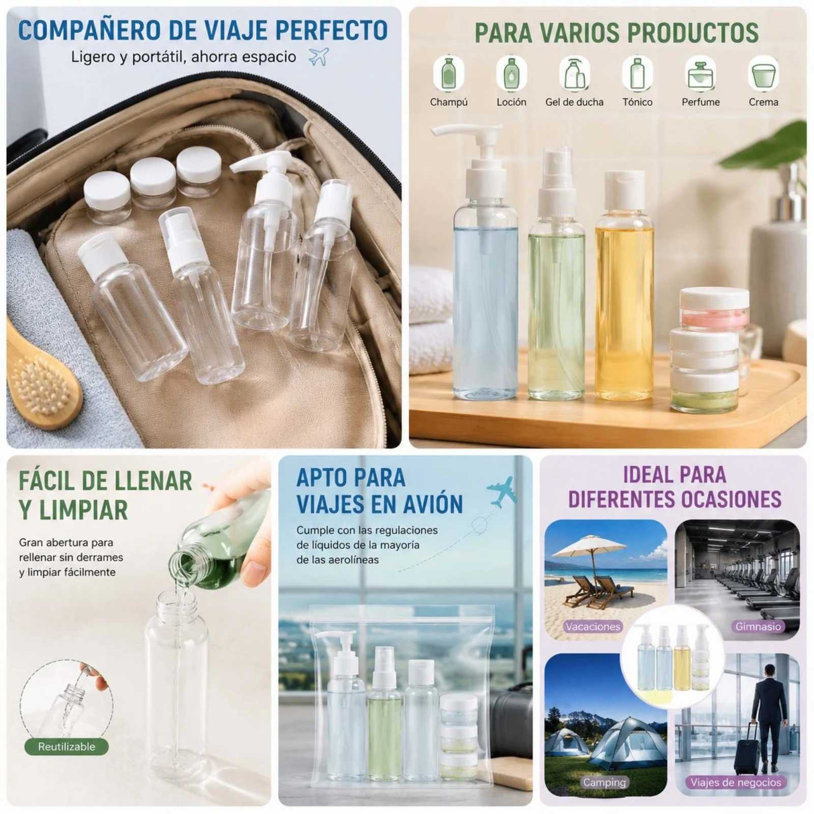 Ensemble de voyage 6 pièces avec bouteilles de 100 ml et pots de 10 ml, kit en plastique transparent rechargeable pour shampoing, lotion et crèmes, adapté aux avions et aux salles de sport, conception anti-fuite