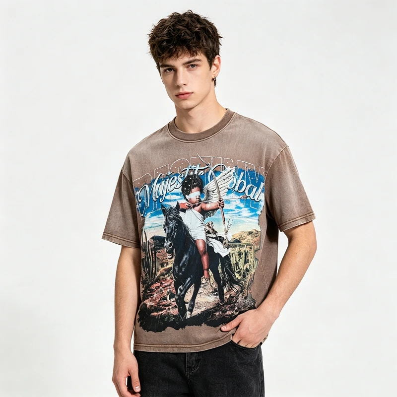 Desert Cupid Horse Grafik-T-Shirt für Herren, Vintage Washed Strass-T-Shirt, lässige Oversize-Baumwoll-Distressed-Tops, Streetwear – Detail 6