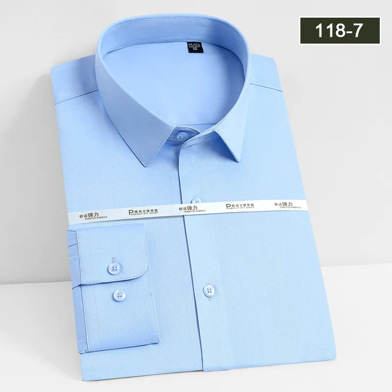 Camisa masculina de fibra de bambu de manga comprida, roupa de trabalho profissional, cor sólida, elástica, sem engomar, nova, 2024