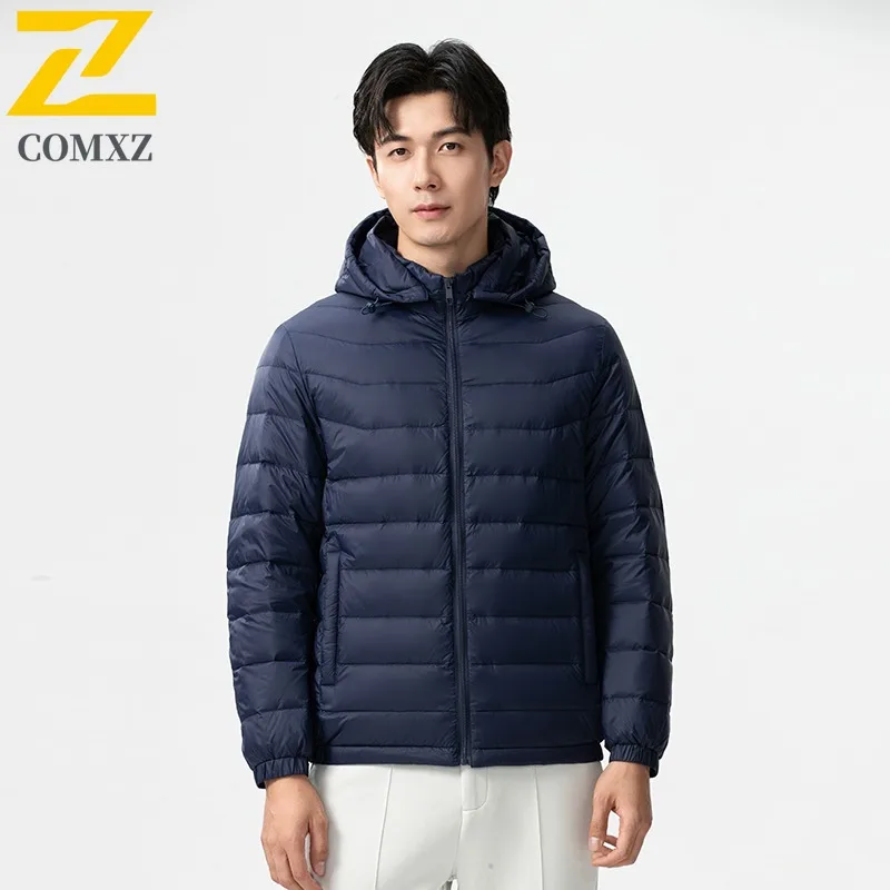 COMXZ Brand Luxury Men Down Coat Hooded Outdoor Working Super Light Parka Leisure Trekking Cozy Windproof Warmth Winter Jacket