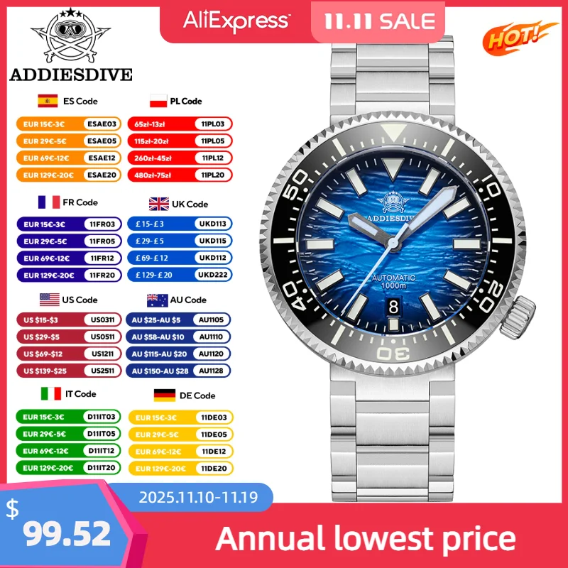 ADDIESDIVE Men's Diving Watch Luxury Sapphire NH35 Automatic Gradient Luminous 1000m Waterproof AD2069 New Mechanical Watches
